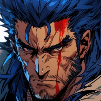 a cool soldier anime character with blue hair and blood on face
