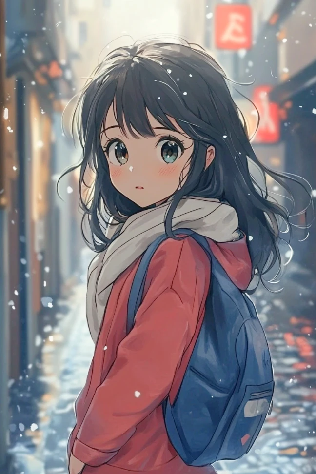 a cute anime girl with a schoolbag standing on the street with snow