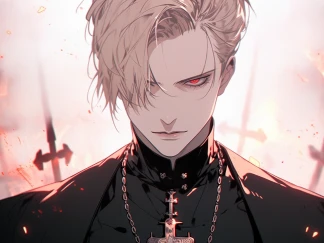 a handsome anime man with red eyes and black suit made in piclumen ai anime character generator