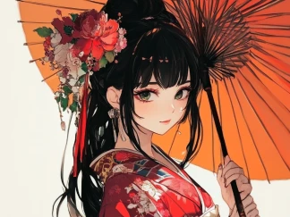 a japanese anime style girl holding a red umbrella