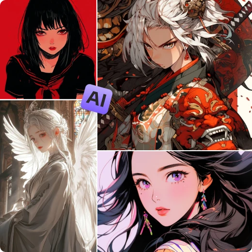 four ai anime characters made in piclumen online ai anime character generator with an ai icon