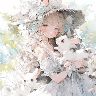 an anime style image of a little girl with a flower hat holding a cute rabbit