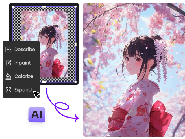 edit the ai-generated anime girl character with piclumen tools such as inpaint colorize and expand