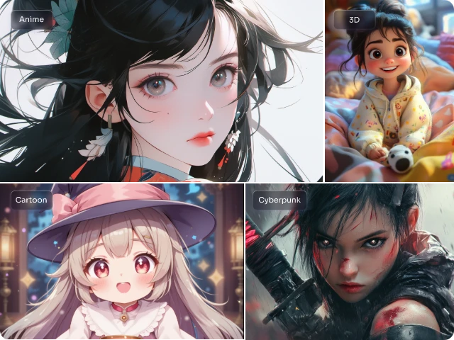 four ai anime characters of anime 3d cartoon and cyberpunk styles made in piclumen ai anime character generator