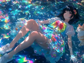 a dreamy fantasy anime girl with a cat made in piclumen ai anime character generator