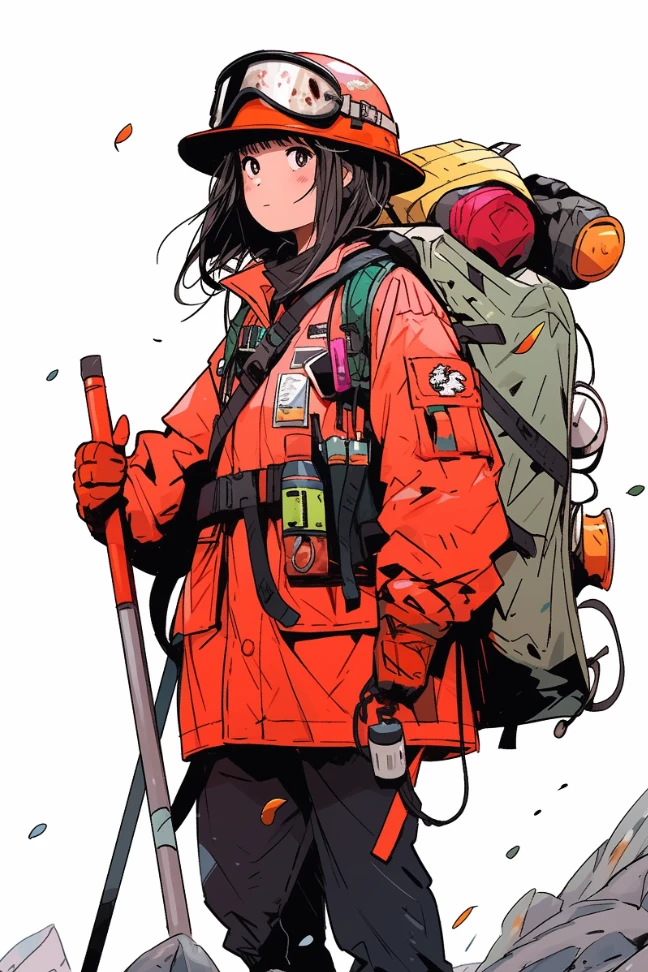 an anime girl in a red jumper with a hiking stick made in piclumen ai anime character generator