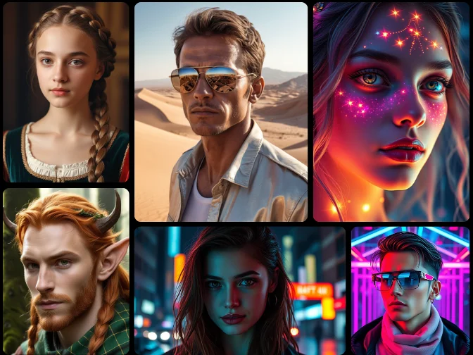 realistic and fantasy portraits made with an AI face generator, including medieval, cyberpunk, and sci-fi styles