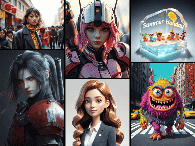 six 3d characters of different styles generated by piclumen 3d character creator