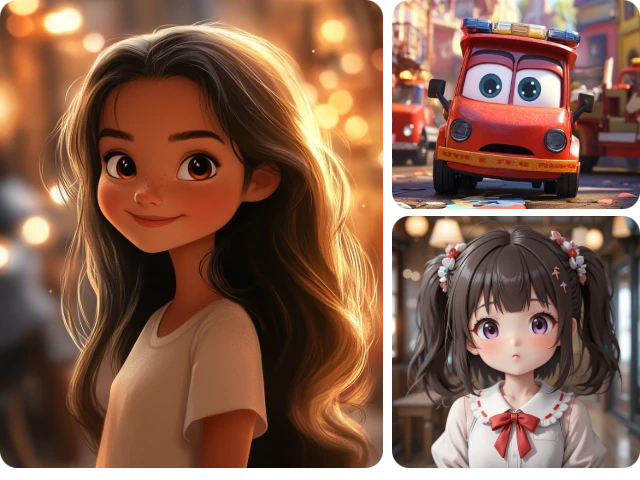 three cute 3d anime characters of two girls and a car made in piclumen ai anime character generator