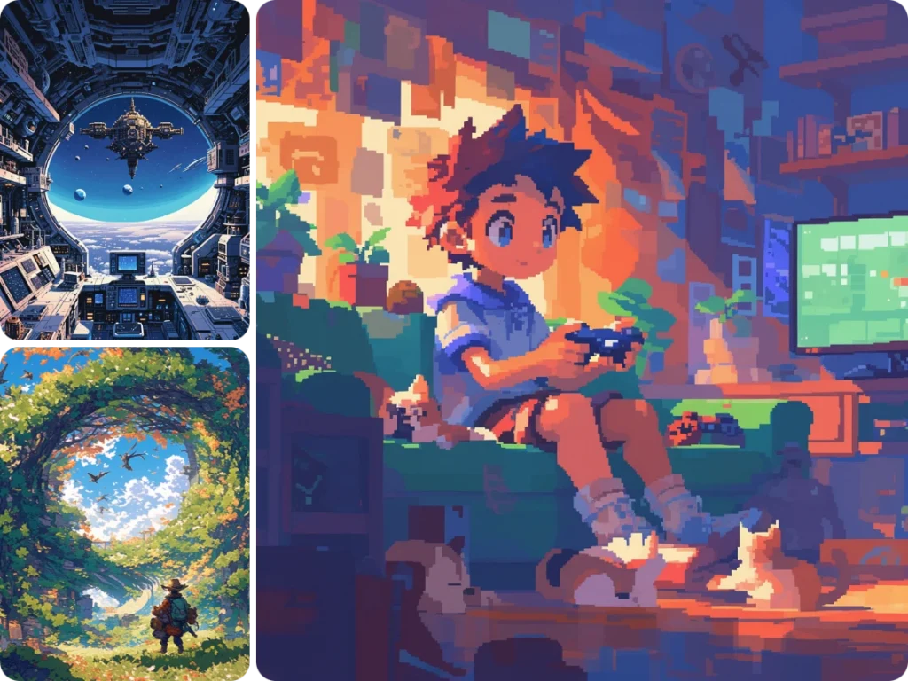 three pixel art images generated by piclumen pixel art generator