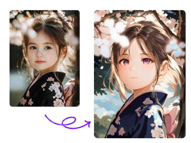 using ai anime character generator transforming a real girl portrait into anime style