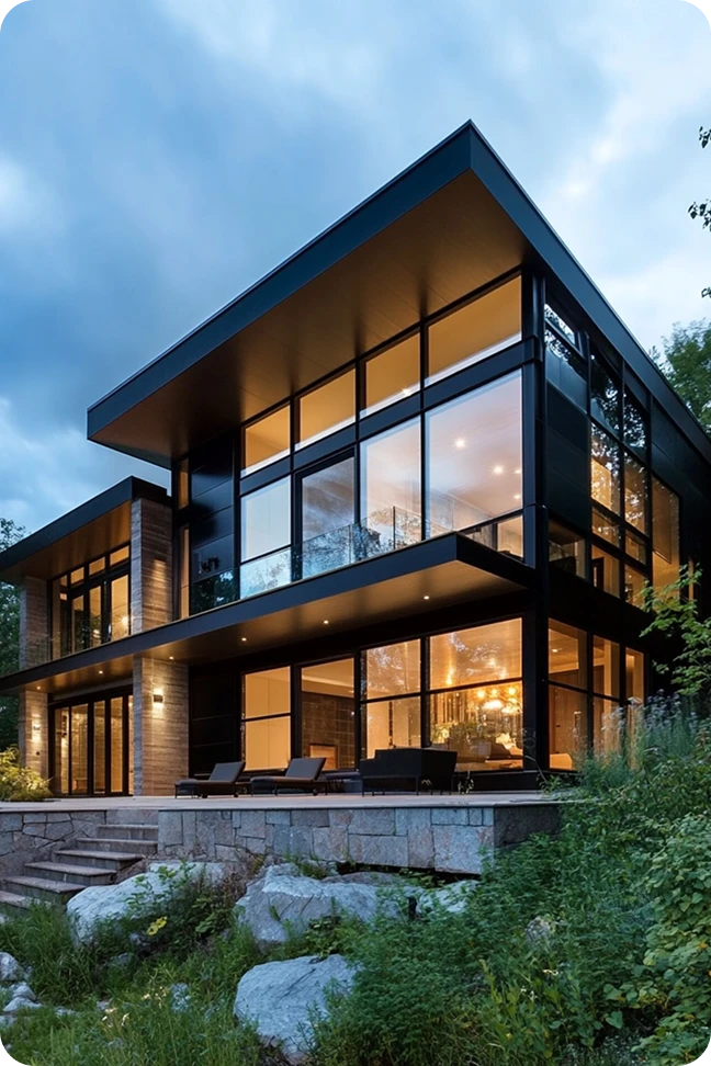 modern mountain house with large glass windows, designed using AI house design technology