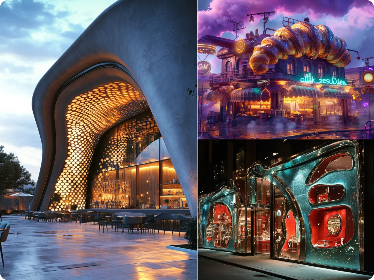 futuristic buildings and creative store designs generated by AI architecture, showcasing modern, surreal, and sci-fi inspired styles