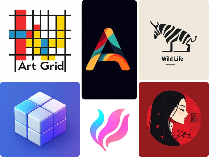 various logo designs including art grid, abstract 'A', wildlife, and cultural imagery, generated by AI design tools
