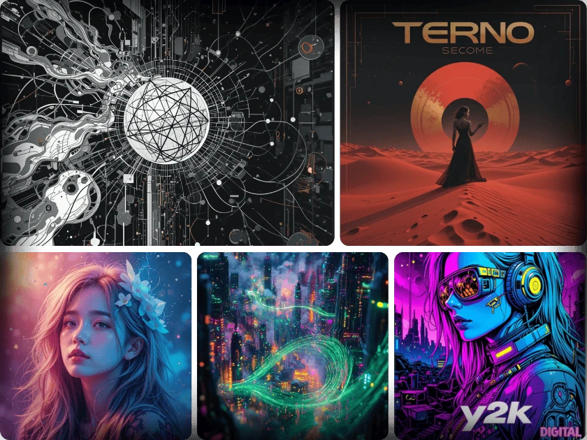 a collection of album cover designs featuring cyberpunk and futuristic themes, created with an AI album cover maker
