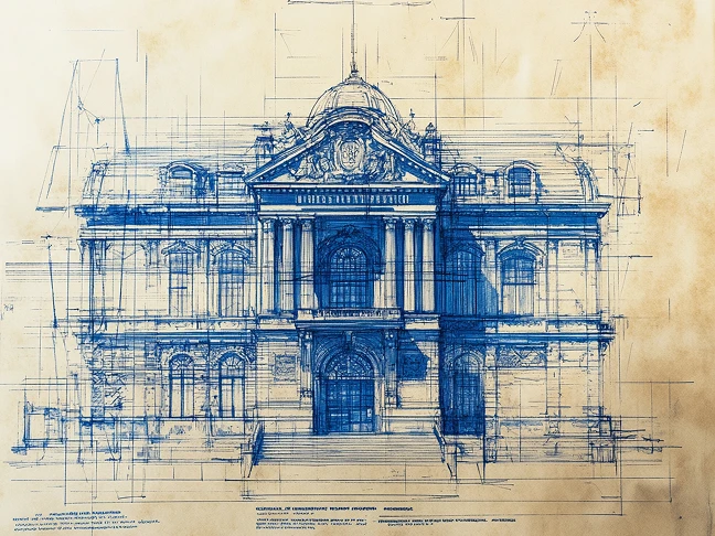 blueprint of a classical building design, showcasing the potential of AI in replicating historical styles
