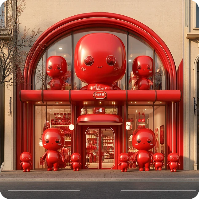 a whimsical red cartoon store front, demonstrating the playful side of AI architecture generator
