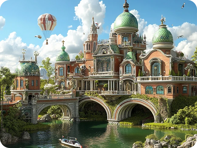 fantasy castle with ornate details and a surrounding bridge, showcasing AI-generated fairy tale architecture
