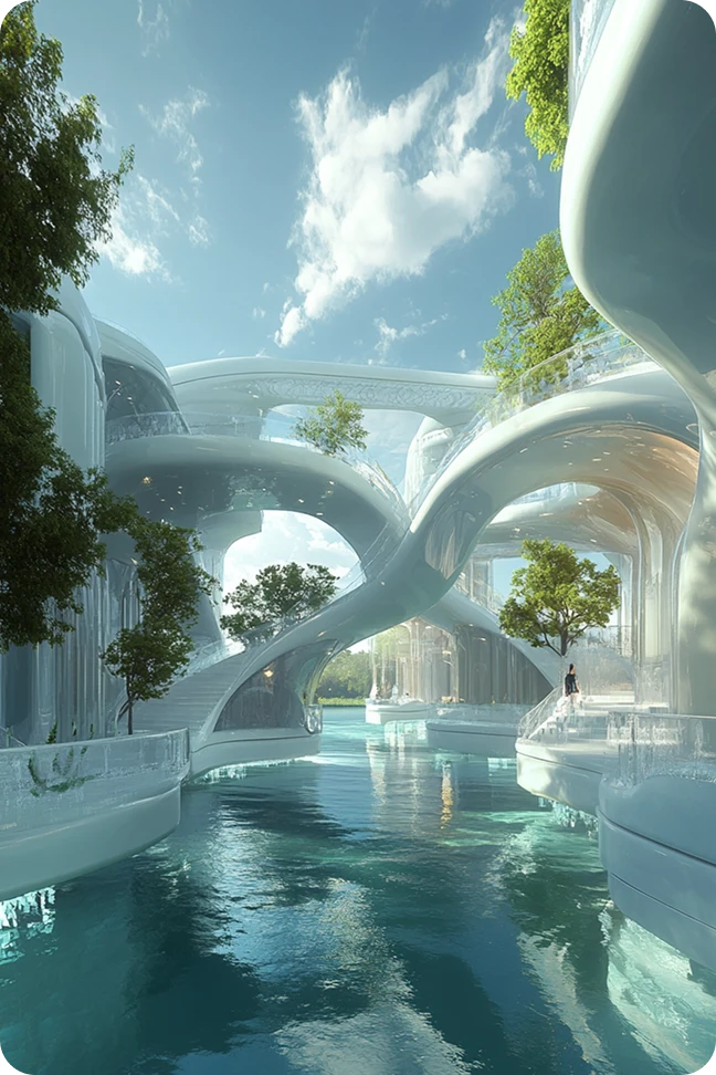modern bridge design with organic shapes and water features, generated by AI architecture generator