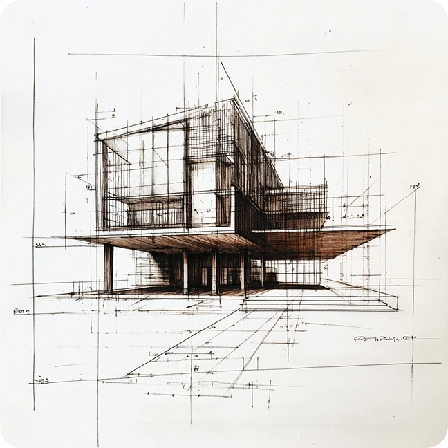 architectural sketch of a contemporary building with detailed annotations, created using AI house design tools