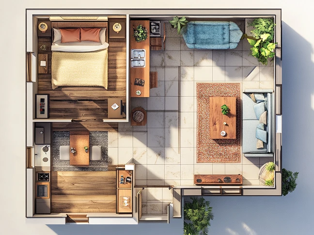 top-down view of an apartment floor plan, designed with AI house design technology