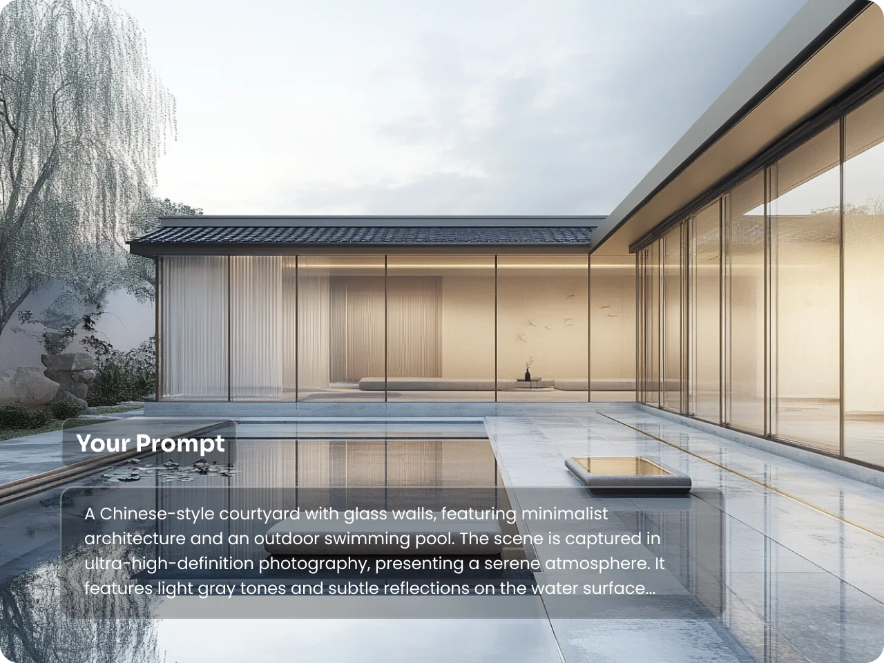 Chinese-style courtyard with glass walls and outdoor swimming pool, generated by AI architecture generator