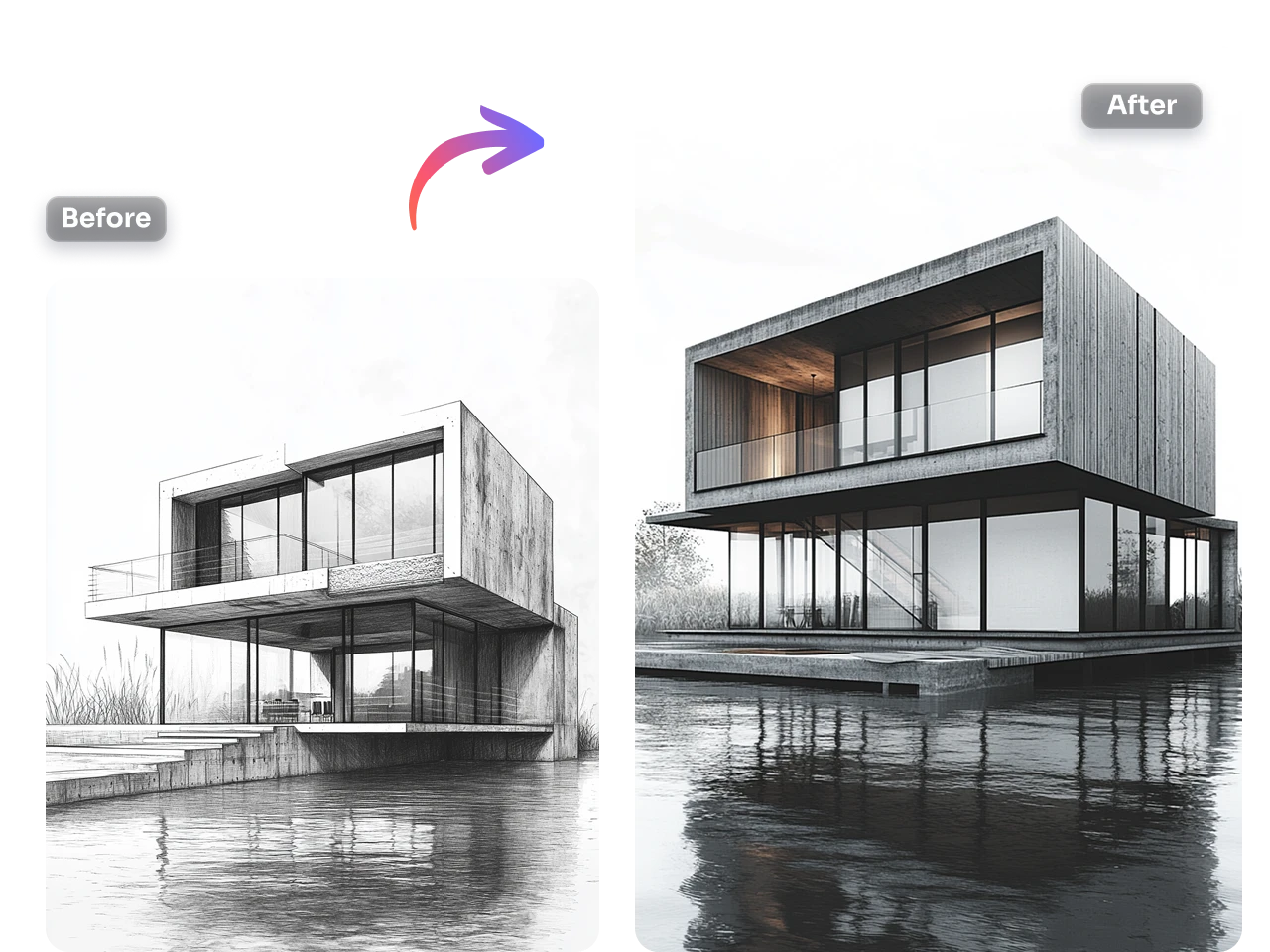 Before and after comparison of a modern house design using AI house design software