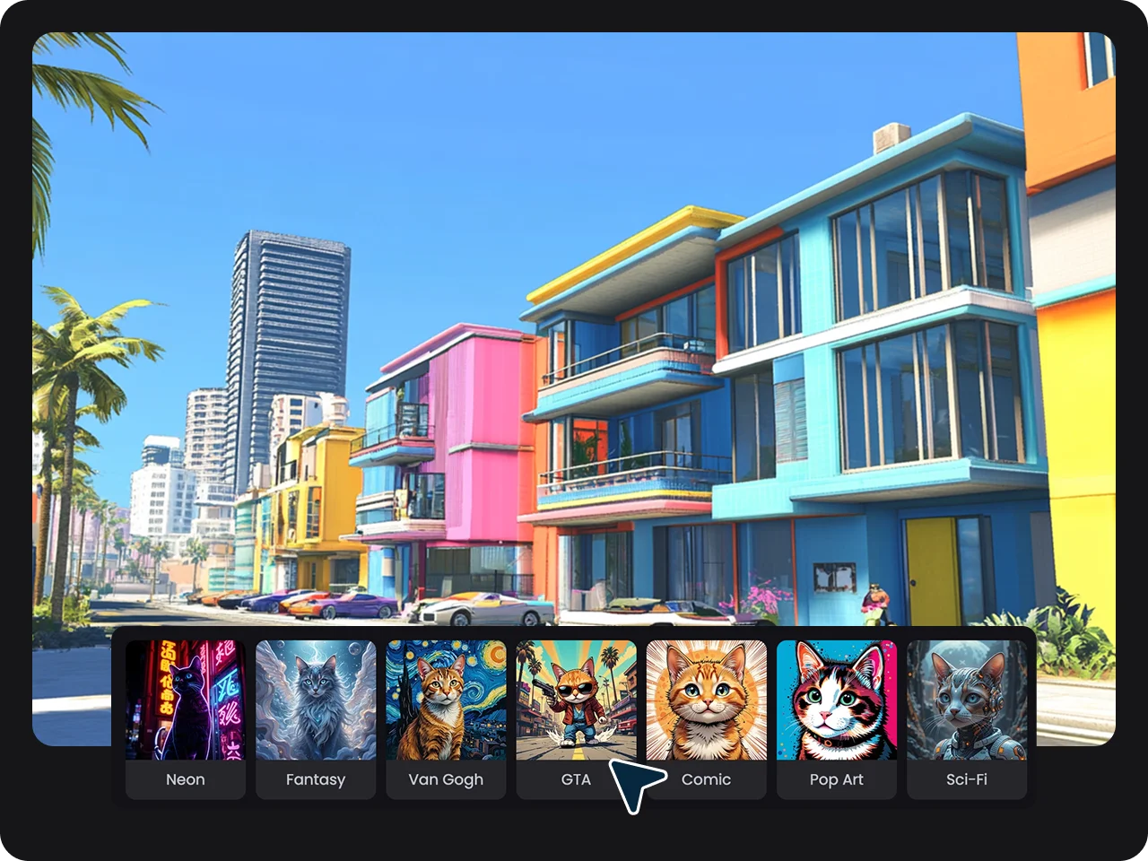 Vibrant city street scene with various artistic style options for AI-generated architecture
