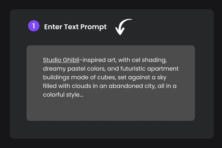 text prompt entry box for AI art generator, with an example prompt for creating Studio Ghibli-inspired art