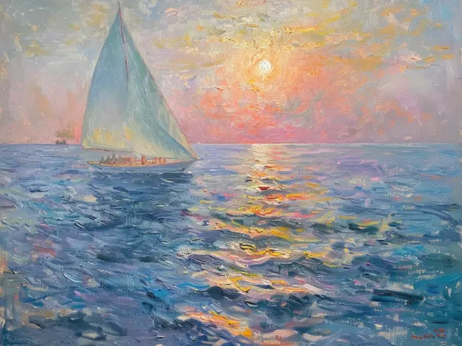 imagen de un barco en el mar al atardecer de estilo impresionista generada por el generador de arte IA de PicLumen