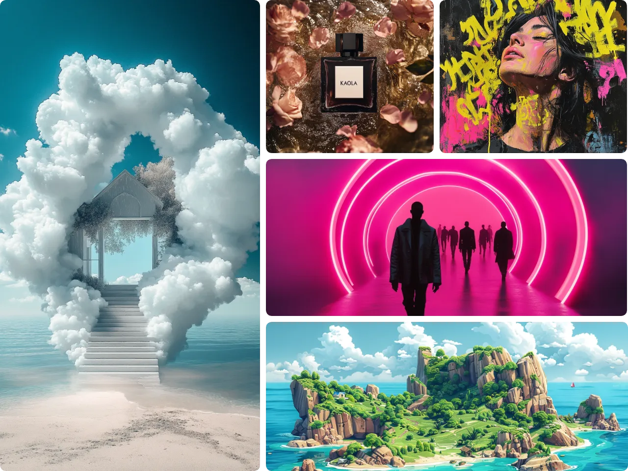 cinco obras de arte generadas por IA de varios estilos utilizando el generador de arte IA de PicLumen