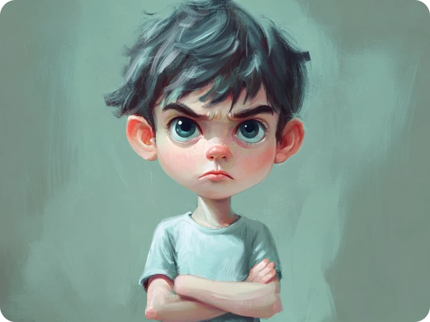 在 piclumen AI角色產生器中製作的皺眉的藍色 tshirt 卡通男孩