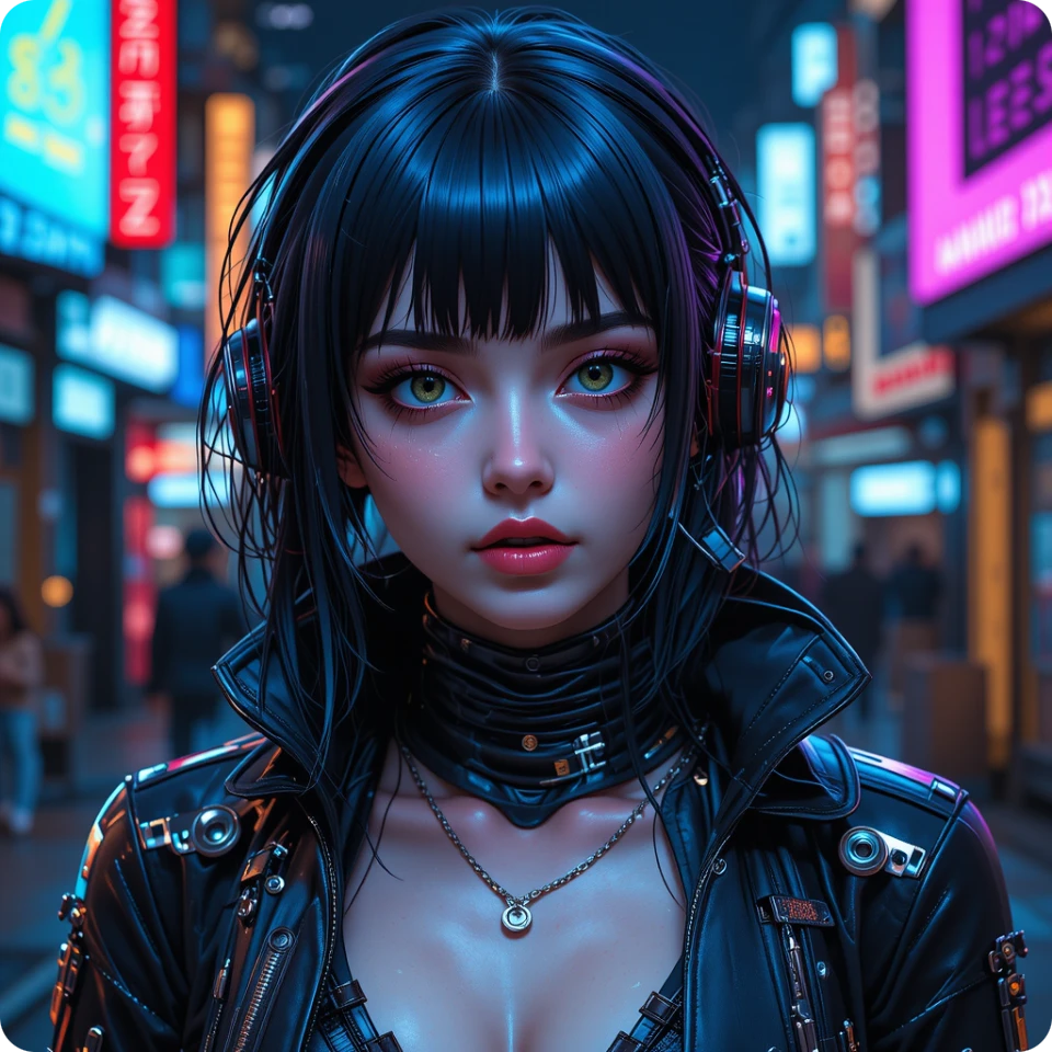 站在街上的戴著耳機的賽博龐克風格女孩,由 piclumen AI角色產生器製作。