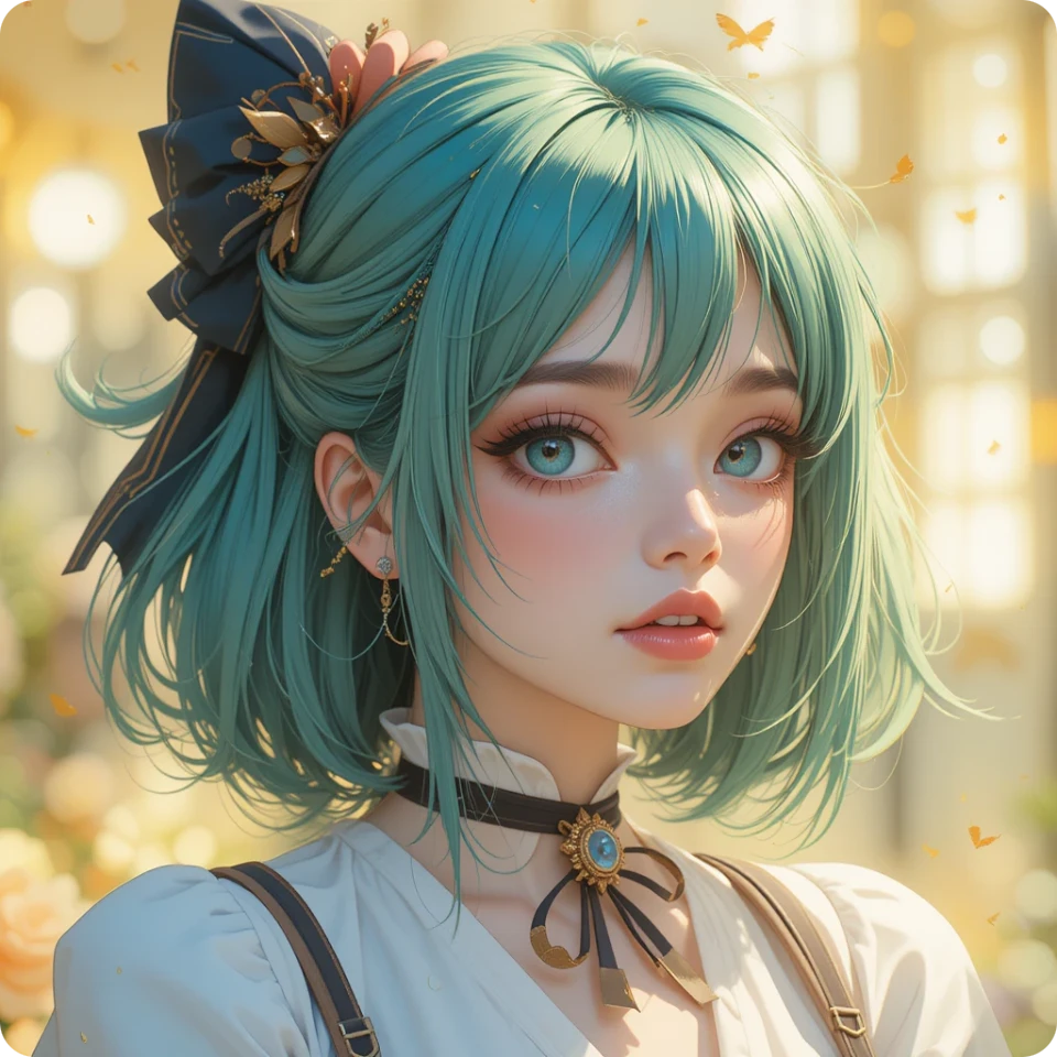 用 piclumen AI角色產生器 製作的美麗耳環和項鍊的綠髮動漫女孩