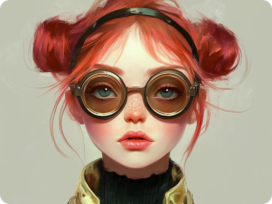 戴著一副眼鏡的紅發女孩角色,在 piclumen AI角色產生器中製作。