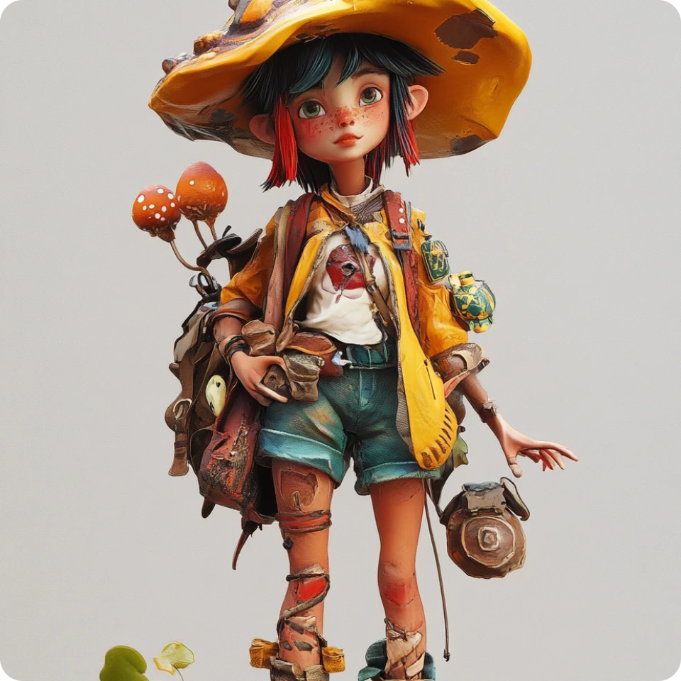 戴著蘑菇帽的彩色少女角色,由AI角色產生器製作。