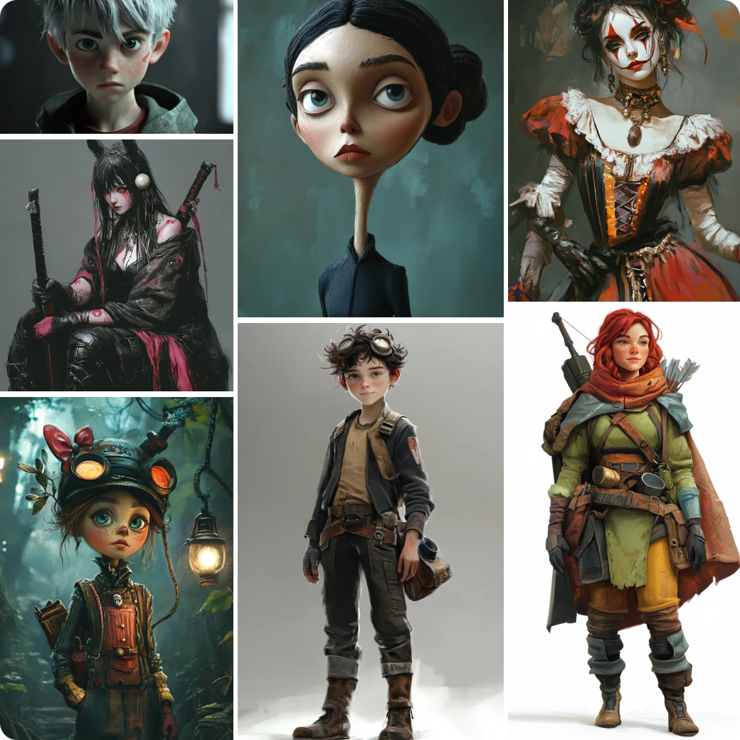 siete personajes ai generados de varios estilos hechos en el generador de personajes ai de piclumen
