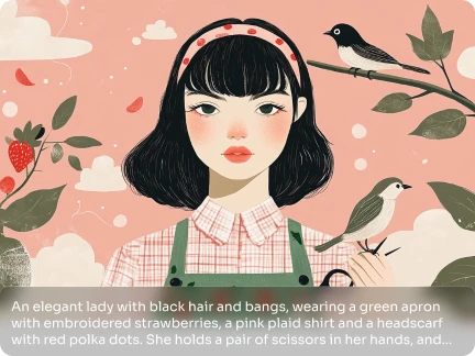 un personaje de chica rosa vibe con una banda de pelo rosa tienen ramas fresas y aves en el fondo hecho en piclumen ai generador de caracteres