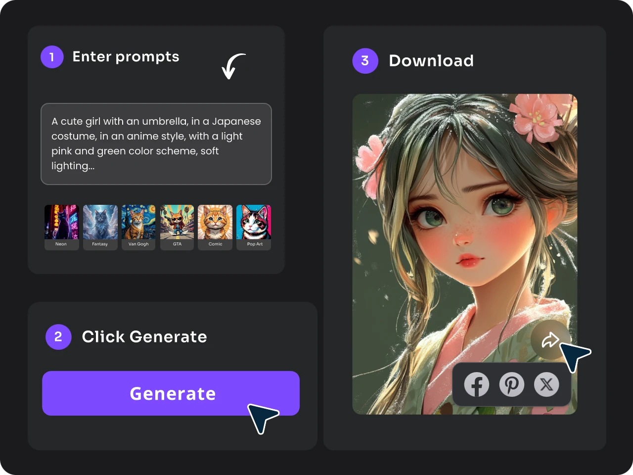 introduce un prompt haz click en generar y obtén un personaje de chica anime en el generador de personajes ai de piclumen