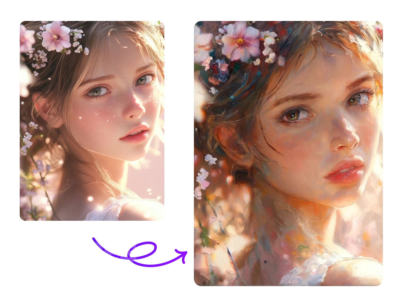 在 piclumen AI角色產生器中將頭戴花朵的美麗女孩照片轉換為油畫風格的圖像