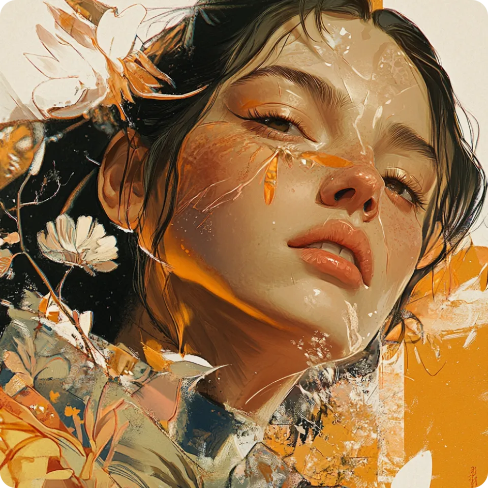 用 piclumen AI角色產生器製作的概念藝術風格的女性角色的近拍。