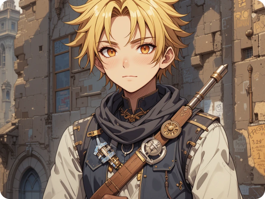 un personaje de anime masculino con el pelo de oro hecho en piclumen ai generador de caracteres
