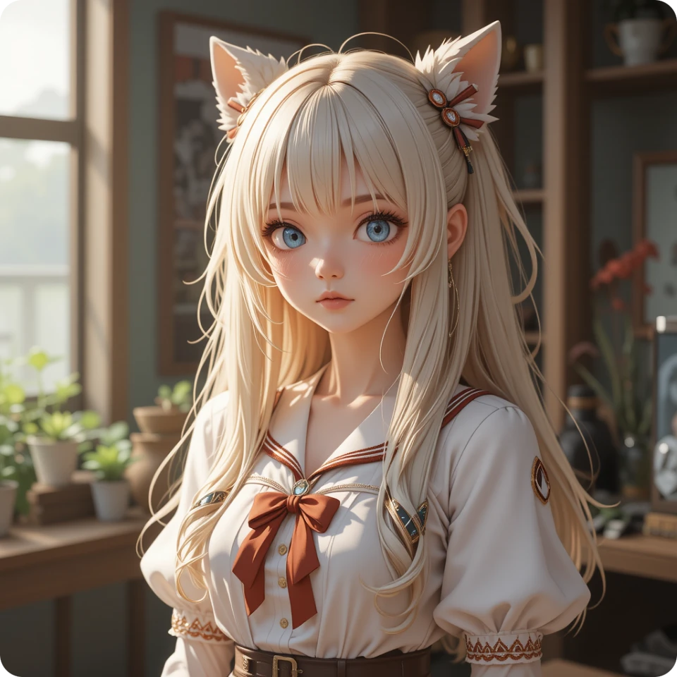 un personaje anime de pelo dorado con orejas de gato hecho en el generador de personajes ai de piclumen