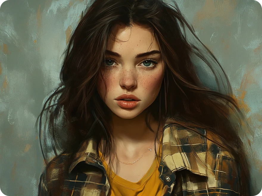 un hermoso personaje femenino con el pelo castaño largo hecho en el generador de caracteres ai de piclumen