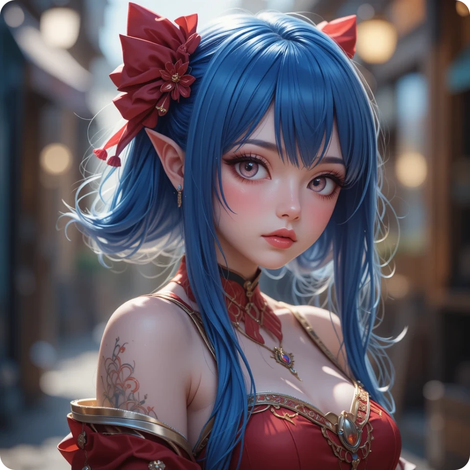 使用 piclumen AI角色產生器 製作穿著紅色優雅連衣裙的日本動漫女性角色