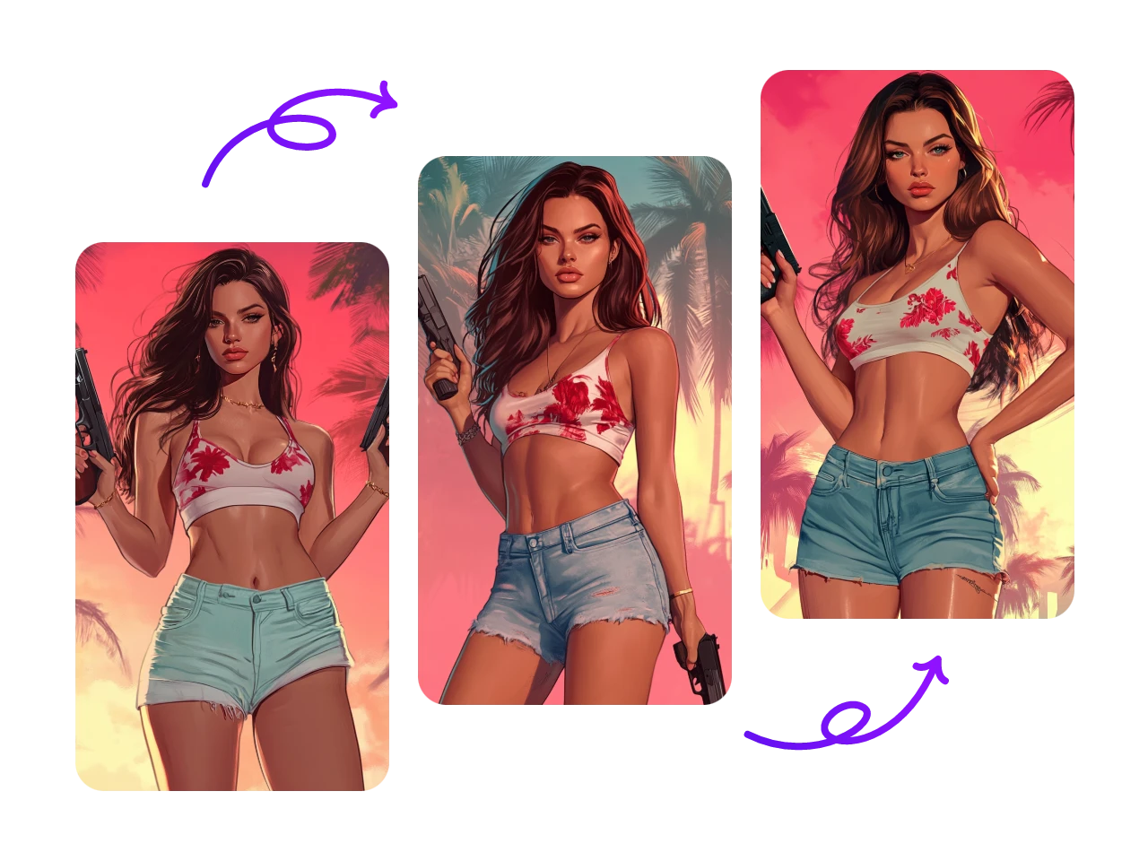 用 piclumen AI角色產生器製作的三種不同風格的三個一致的女性角色