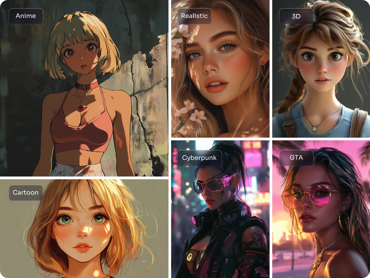 Crie personagens de IA com estilos de desenho animado 3D realistas, cyberpunk e gta no gerador de personagens de IA Piclumen
