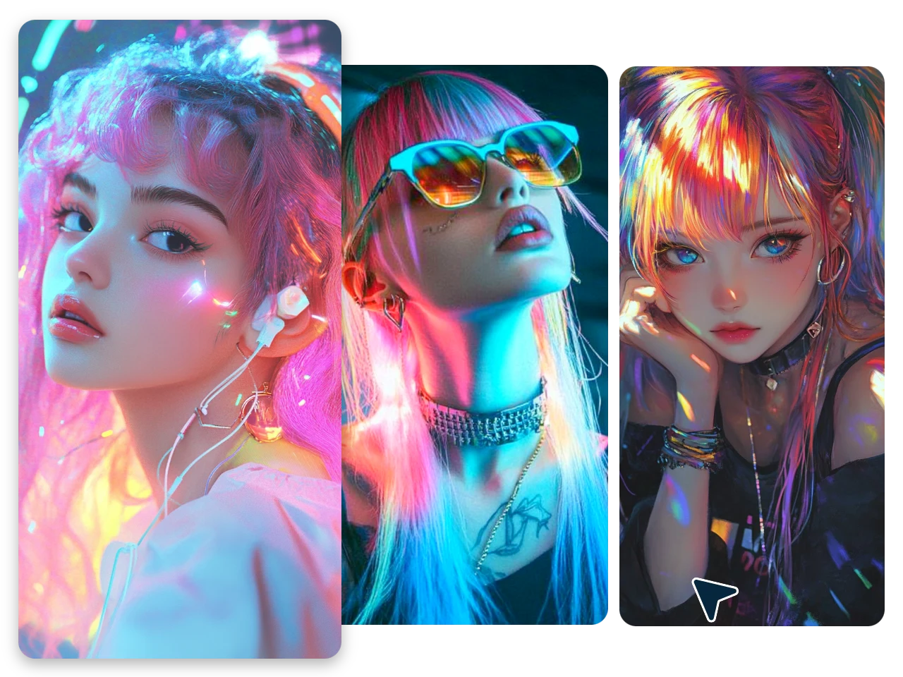 Retratos femininos gerados por IA apresentando diversos estilos em realistas, desenhos animados e anime