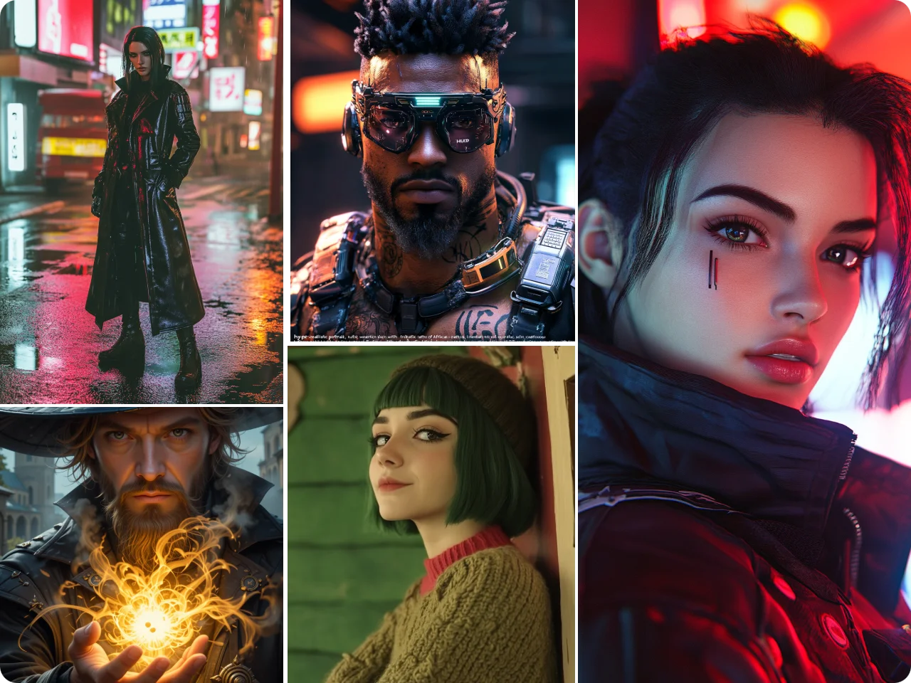 ai human generator produces a cyberpunk fighter, sci-fi soldier, realistic girl, fantasy wizard, and stylish character portrait