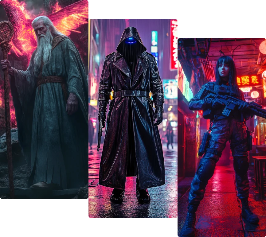 ai human generator creates fantasy wizard, futuristic assassin, and cyberpunk female soldier characters